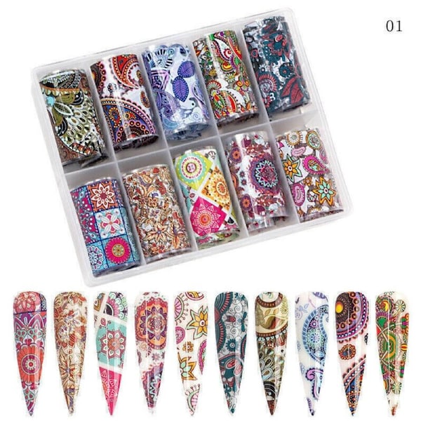 Nail Art Transfer Foil Colourful Floral Paisley & Mandala Sticker Set 10 Pc/box