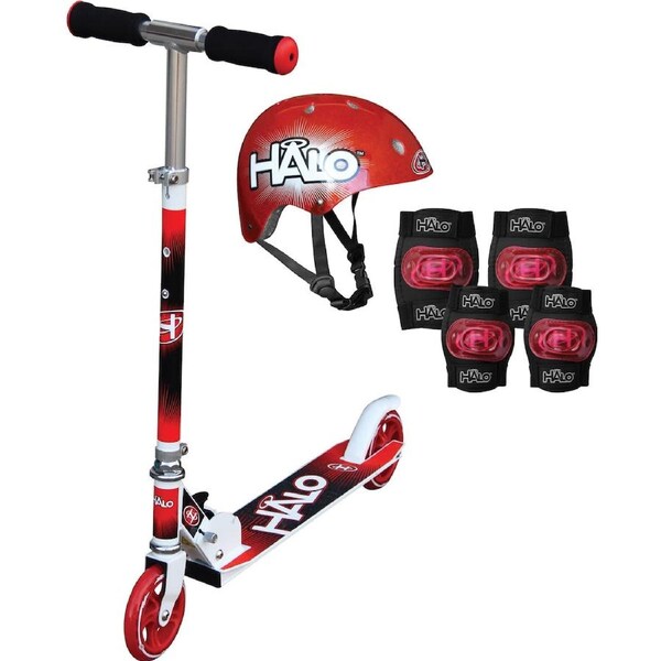 Halo Premium Red Inline Scooter Combo Set with Premium Adjustable Scooter, Helmet and Pads