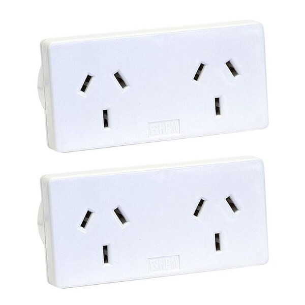 2x HPM Slim Right 10A Mains Power Slimline Twin/Double Powerpoint Adaptor White