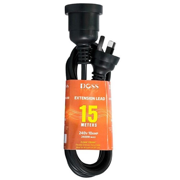 Doss 2400W Power Extension 15m Cable Lead 240V 3-Pin w/ 10Amp AC Plug Cord Black