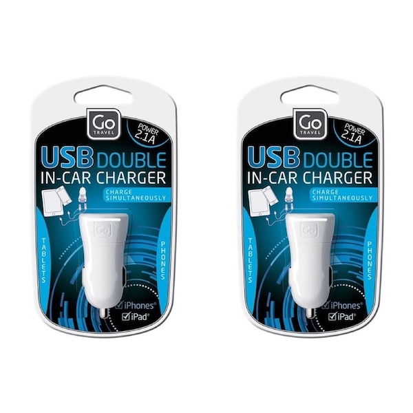 2x Go Travel Twin USB Port Car Charger 2.1A Socket for Phones/Tablets Black