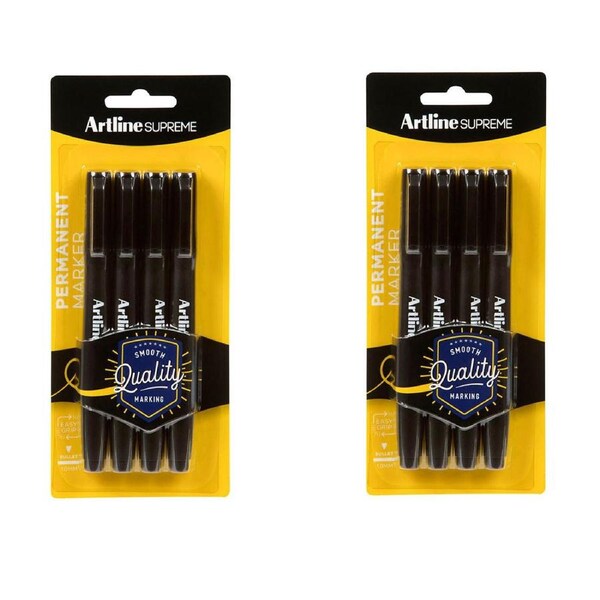 2x 4pc Artline Supreme 1.0mm Permanent Marker Pens School/Office Writing Black