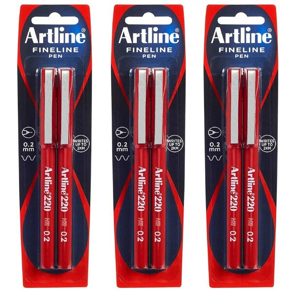 6pc Artline Fineline 220 Super Fine 0.2mm Line Width Work/School Writing Pen Red