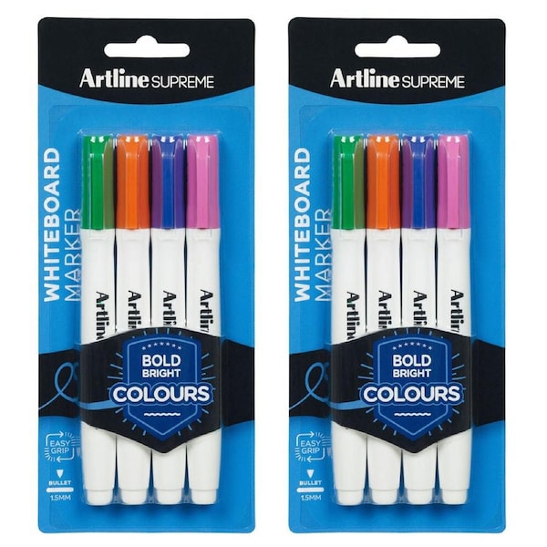 2x 4pc Artline Supreme Whiteboard Markers Water Based Pen Assorted Bright Colour