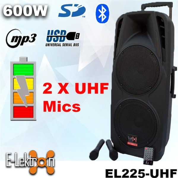 E-lektron EL-225 Dual 10" inch Portable Karaoke Mobile PA Speaker Sound System Battery Bluetooth with 2 UHF Microphone