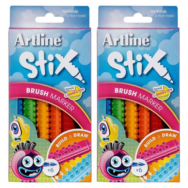 12PK Artline Stix Brush Markers Washable Kids Drawing Colouring Pens w/Connector