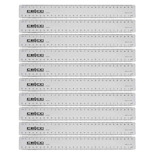 10PK Celco 30cm Metric Plastic Ruler School Art/Craft Stationery Drawing Clear