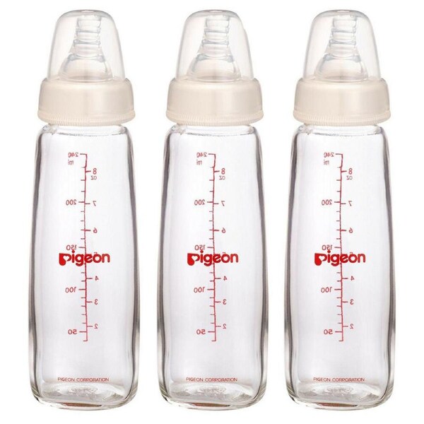 3x Pigeon Slim Neck Peristaltic 240ml Glass Feeding Bottle f/ Baby/Infant 4m+