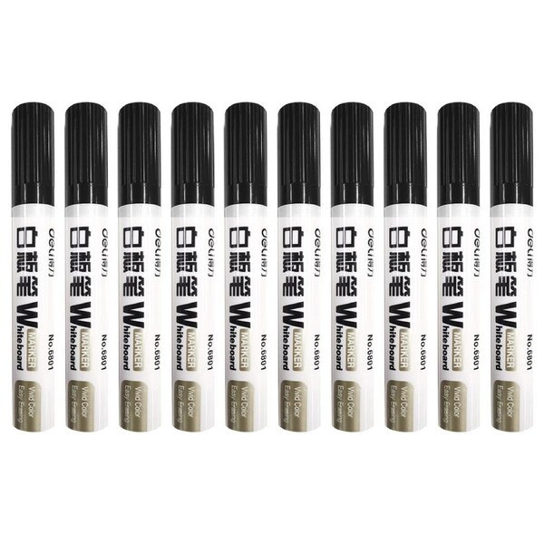 10pc Deli Office/Home Erasable Whiteboard Marker/Pen Bullet Tip Black