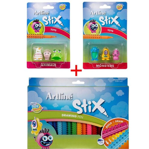 Artline Stix 20pk Drawing Pens/Markers Draw/Build/Play Kids w/Animals/Monsters