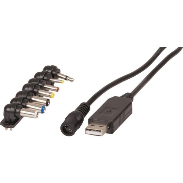Universal USB 9V Step-Up Converter Power Cable w/ 7 Standard DC Tips Black
