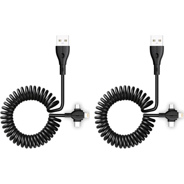 2x Sansai 3in1 USB USB-C Micro Charging 1.5m Coiled Cable for iPad/iPhone Assort