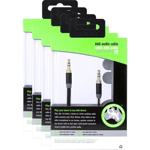 4PK Gecko 1m Flat 3.5mm Male to M AUX Cable Gold Plated Audio Car/Phone Cord BLK