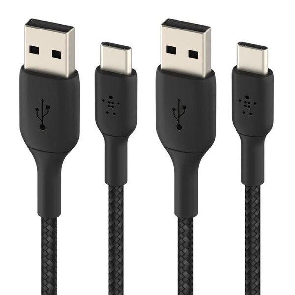 2PK Belkin 15cm USB-A to USB-C Sync Charging Cable Braided for Smartphones Black