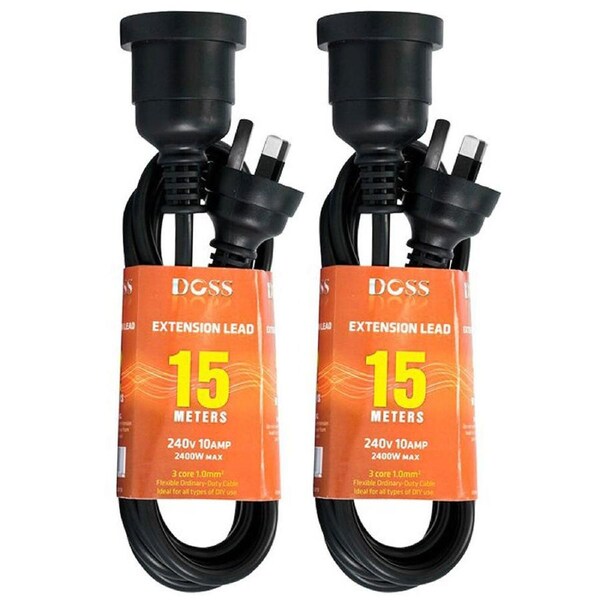 2x Doss 2400W Power Extension 15m Cable Lead 240V 3-Pin w/ 10Amp AC Plug Cord BK
