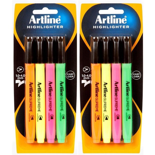 2x 4pc Artline Supreme Highlighter Marker Pen Set Craft School Assorted Colours
