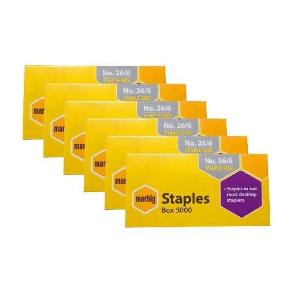 6PK Marbig Staples 26/6 Box 5000 for Staplers/Papers Office/Home Use/Essentials