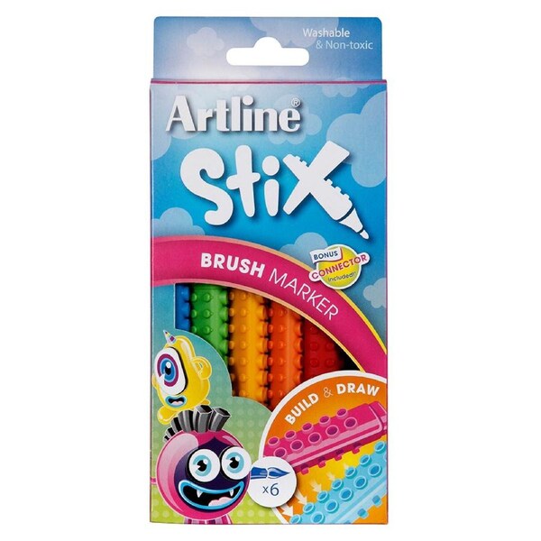 6PK Artline Stix Brush Markers Washable Kids Drawing Colouring Pens w/Connectors