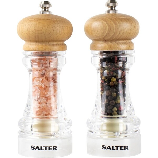 Salter 16cm Beech Wood Kitchen Acrylic Salt & Pepper Mills Grinder Set Clear