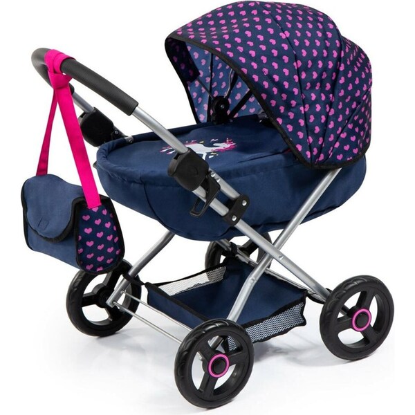 Bayer Cosy 59cm Pram/Stroller Kids Toy for 46cm Dolls Dark Blue w/ Pink Hearts