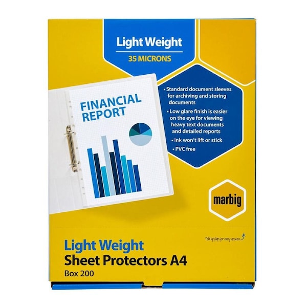 200pc Marbig Light Weight Plastic A4 Sheet Protectors Document Sleeves Clear