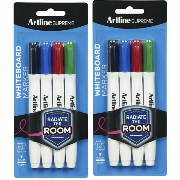 2x 4pc Artline Supreme Whiteboard Markers Writing Pens Assorted Standard Colours
