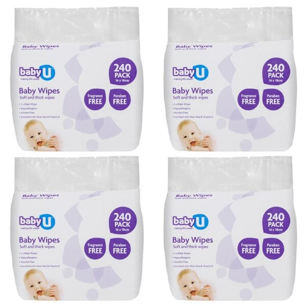 4x 240pc BabyU Baby/Infant/Kids Alcohol/Fragrance Free Absorbent Wet Wipes