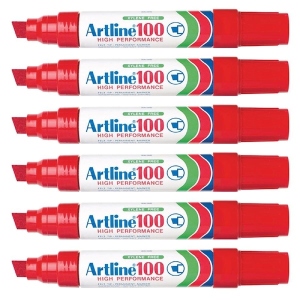 6pc Artline 100 Jumbo Permanent Chisel Whiteboard Writing 7.5-12mm Marker Red