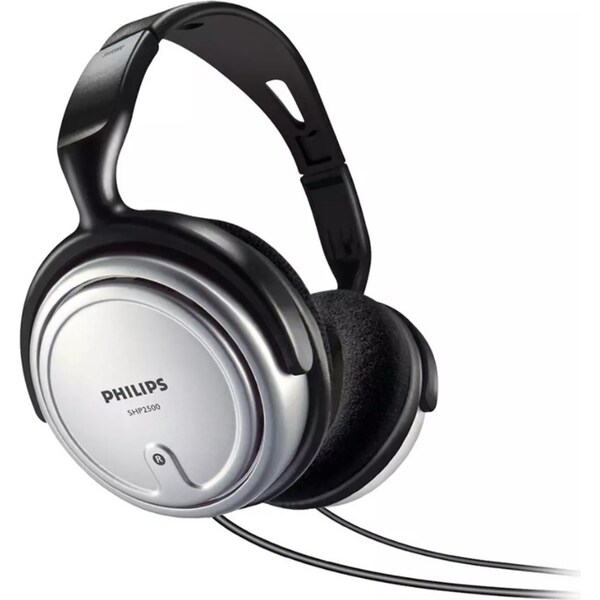 Philips SHP2500/10 Over Ear TV Headphones 3.5mm w/In-Line Volume Control Silver