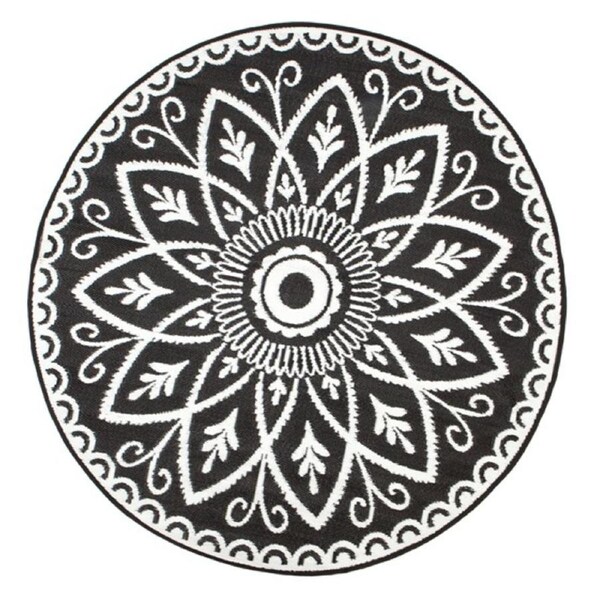 Benaras Black and White Round Recycled Plastic Outdoor Rug and Mat 180cm - Weatherproof Rug, Recycled Plastic, Sustainable, Eco Friendly UV Resistant, Durable Outdoor, Patio Rug, Fade Resistant
