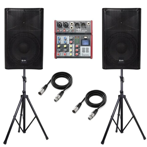QTX Quest 15MSS Active PA Speaker Pair Bundle - 1760W with Stands, 4-Channel Mixer & XLR Cables