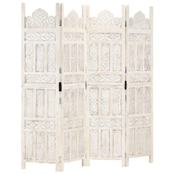 Hand carved 4-Panel Room Divider White 160x165 cm Solid Mango Wood vidaXL