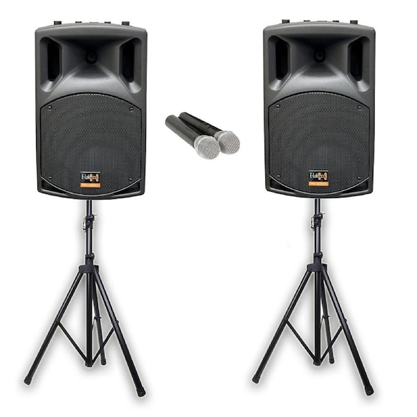 E-Lektron UHF38-MS 1800W 2X15" inch Bluetooth Wireless linkable Loud Portable PA Speakers Sound System Recoding incl.4 UHF Mics and Stands