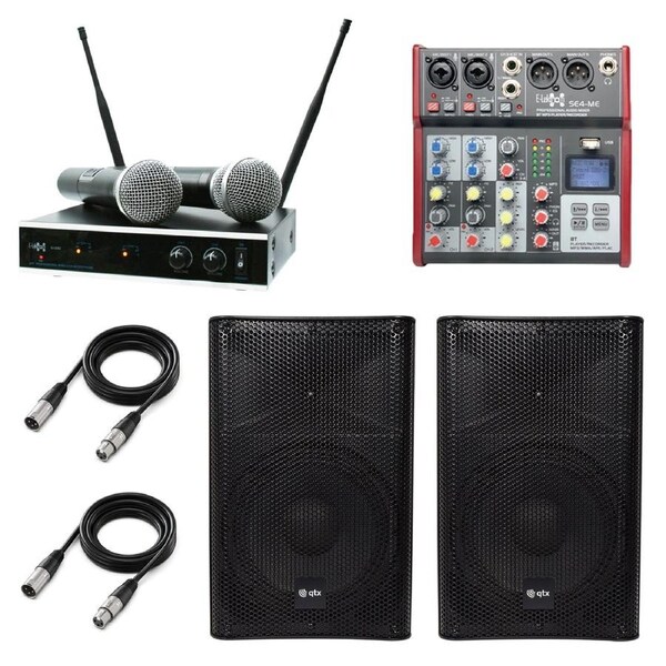 QTX Quest-10AMS 10" PA System - Audio Mixer + UHF Microphons - 1200W