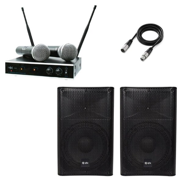 QTX Quest-15SM 15" Active PA Speaker Pair & Dual UHF Microphone Set - 1760W