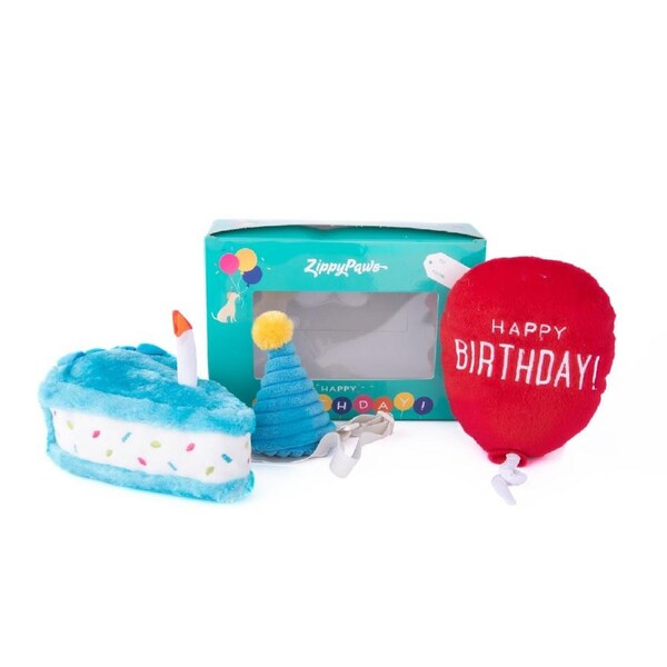 Zippy Paws Plush Squeaker Dog Toy - Birthday Box with Cake, Balloon & Party Hat