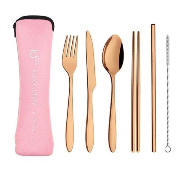 IOco re-use Stainless Steel Travel Cutlery Set of 6- Rose Gold Cutlery - Pale Pink Case