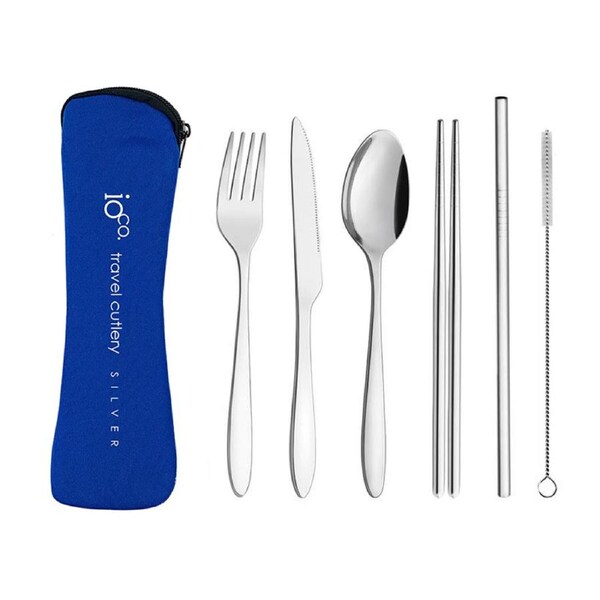 IOco re-use Stainless Steel Travel Cutlery Set of 6 - Silver Cutlery - Navy Case
