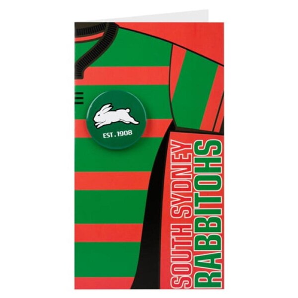 South Sydney Rabbitohs NRL Greeting Card with Badge Birthday Christmas Mothers Fathers Day