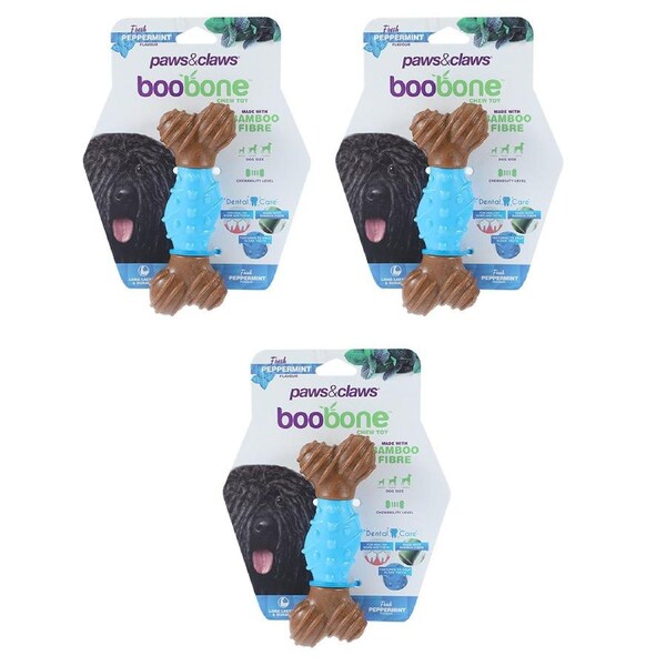 3x Paws & Claws BooBone Bamboo Fibre Dental Bone Dog Chew Treat/Toy Peppermint