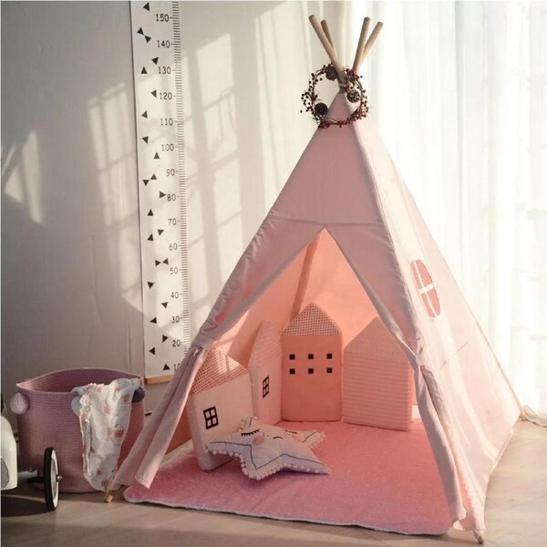 All 4 Kids Sofia Pink Cotton Canvas Kids Square Teepee Tent with Flag