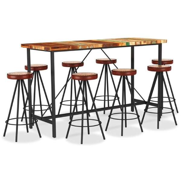 9 Piece Bar Set Solid Reclaimed Wood Genuine Leather & Canvas vidaXL