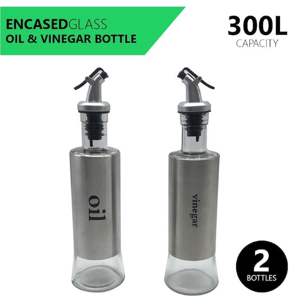 2x Encased Glass Sauce Bottle 300ml Vinegar Oil Storage Salad Dressing Dispenser