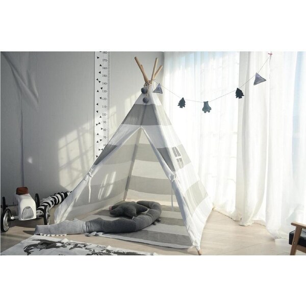 All 4 Kids Asher Cotton Canvas Kids Grey Stripe Square Teepee Tent