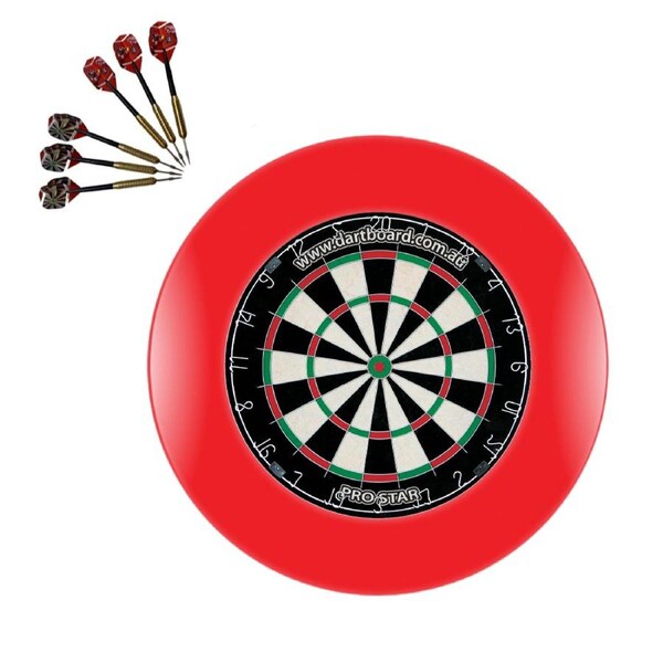 Pro Star Genuine Bristle Dart Board + RED Dartboard Surround + Darts