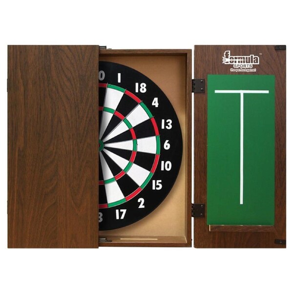 Formula Sports Dart Board Game 15 inch and Walnut Cabinet Set