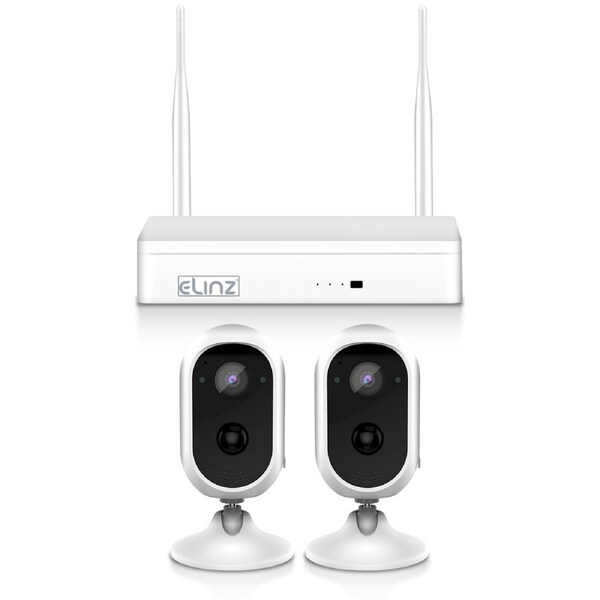 Elinz Wireless Wire-free Home Battery Security 1080P HD WiFi 2x Camera CCTV System NVR Indoor Outdoor NO HDD