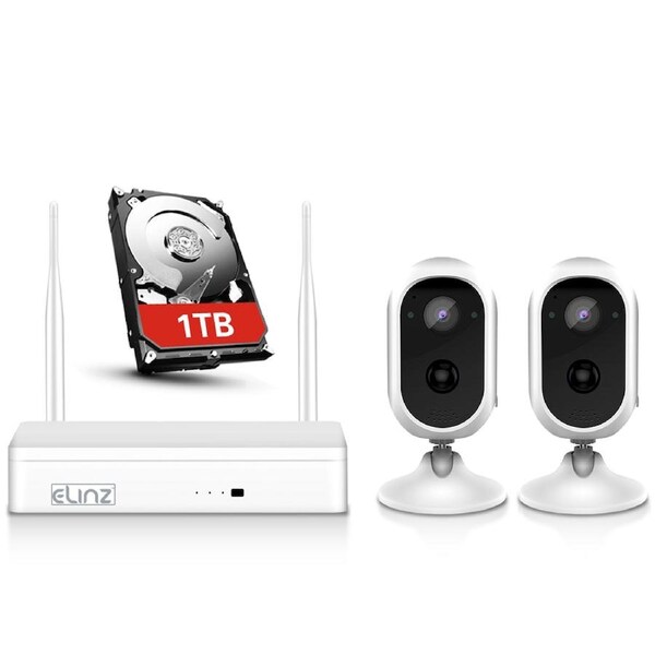 Elinz 4CH Wireless Wire-free Home Battery Security 1080P HD WiFi 2x Camera CCTV System NVR Indoor Outdoor 1TB HDD