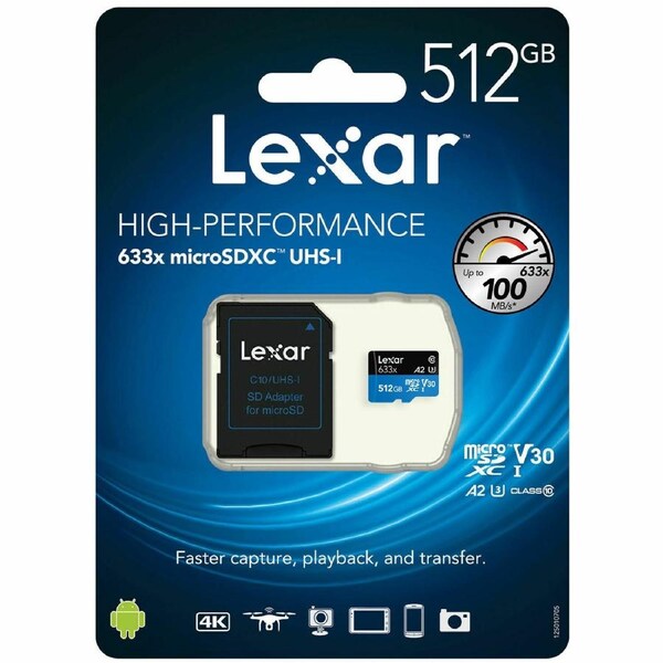 Lexar 512GB Micro SD Card SDXC UHS-I High Performance 633x 100MB/s U3 4K Mobile Phone TF Memory Card