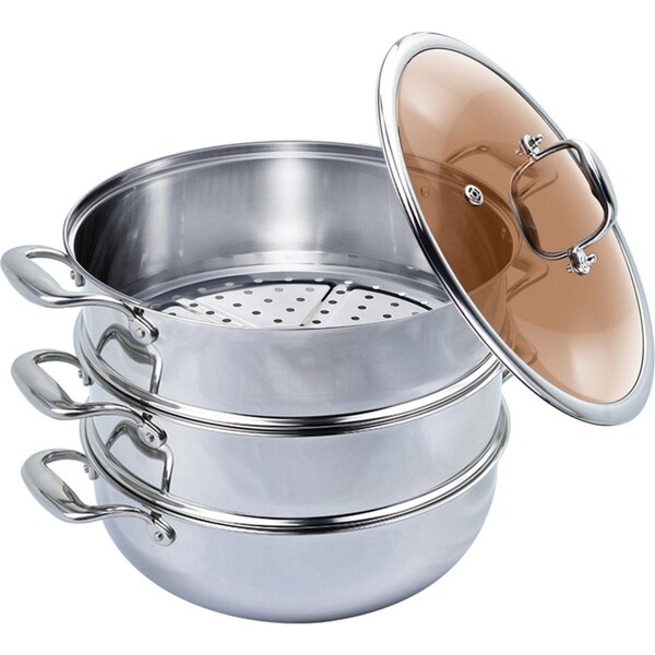 SOGA 3 Tier 28cm Heavy Duty Stainless Steel Food Steamer Vegetable Pot Stackable Pan Insert with Glass Lid